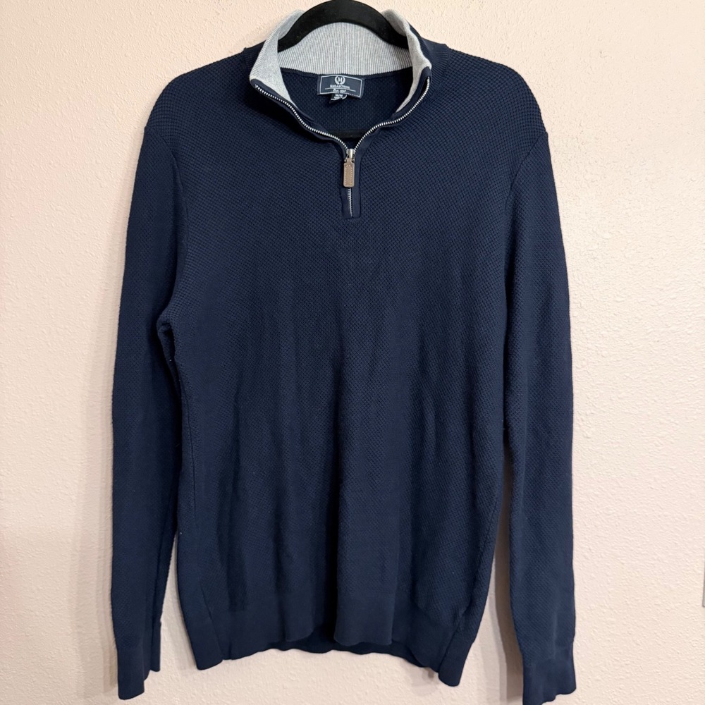 Magaschoni Mens Navy Blue 100% Cotton Quarter Zip Textured Sweater Size Medium